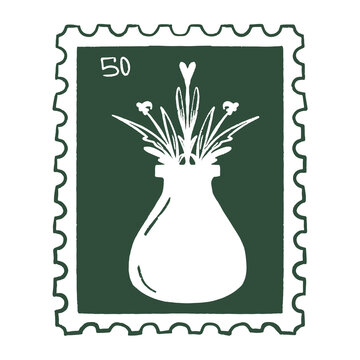 Botanical Plant In Ceramic Vase Postage Stamp Illustration