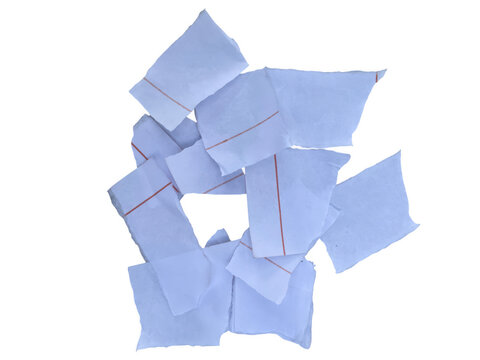 Pile of small light blue paper tickets with red dashed lines isolated on white