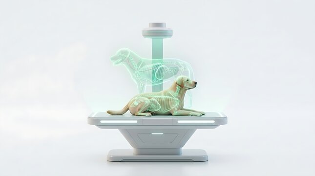 Labrador dog on a futuristic veterinary scanning table