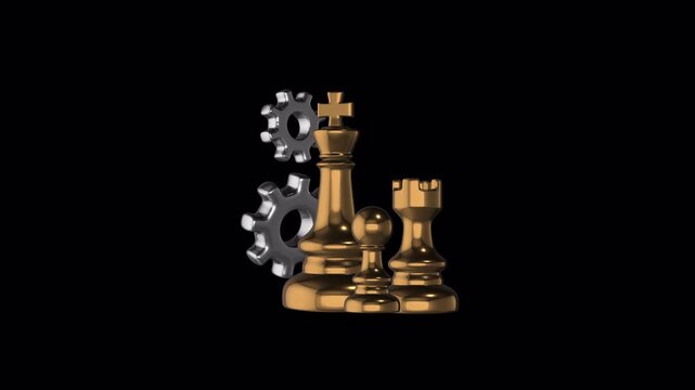 Golden Chess Pieces Combined With Metallic Industrial Gears Representing Strategic Planning And Business Process Optimization