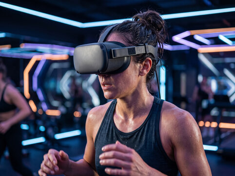 Athletic woman wearing futuristic VR headset during immersive gym fitness training