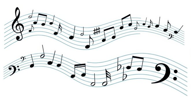 Musical Notes and Symbols on Wavy Staff Lines Vector Illustration for Creative Design Projects