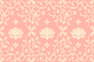 Elegant Thai geometric floral seamless pattern in soft peach pastel tones with traditional ornamental motifs. Ideal for textile, wallpaper, packaging, wrapping paper and surface pattern design. © Noke