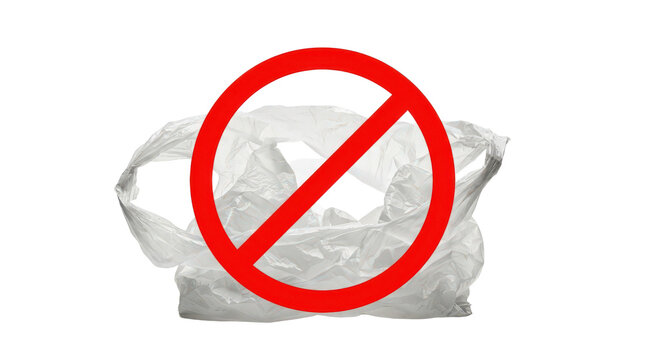 Red no symbol over a pile of white trash bags isolated on transparent background