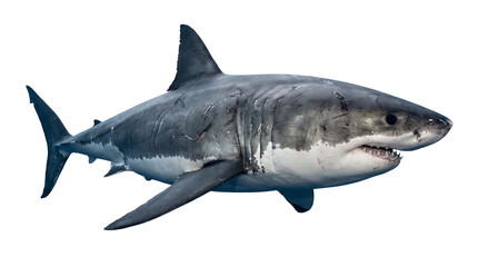 Obraz premium Realistic Battle-Scarred Great White Shark Swimming Isolated Cutout PNG Element for Ocean Wildlife Graphic Design