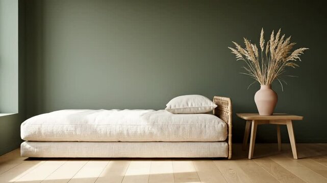Serene bedroom interior design with a minimalist aesthetic, featuring a daybed and neutral tones