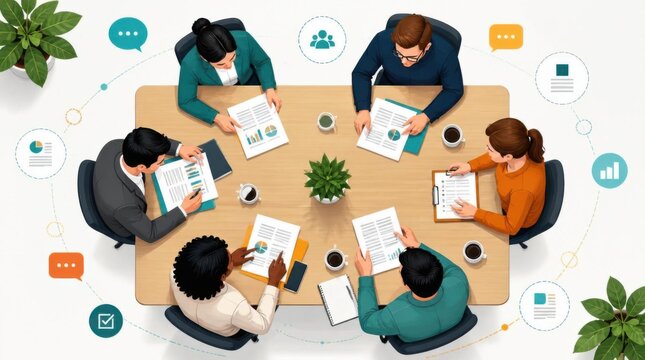 Diverse Team Meeting Around Wooden Table Discussing Documents