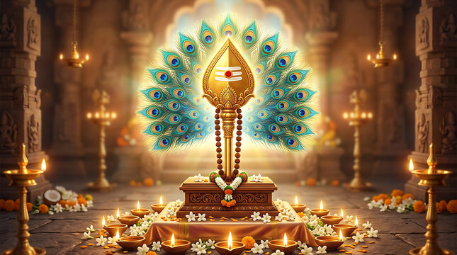 Golden vel of lord murugan with peacock feathers in a traditional temple setting