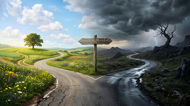 Crossroads signpost points to serene sunny landscape and stormy dark mountains path split choice