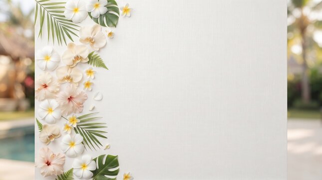 A beautiful white vertical display board decorated with fresh tropical flowers and green palm leaves standing outdoors near a swimming pool for wedding event decor