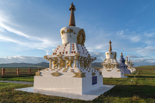 View on the Buddhist stupas on the territory of Yangazhinsky Datsan. Orongoy, Republic of Buryatia, Russia