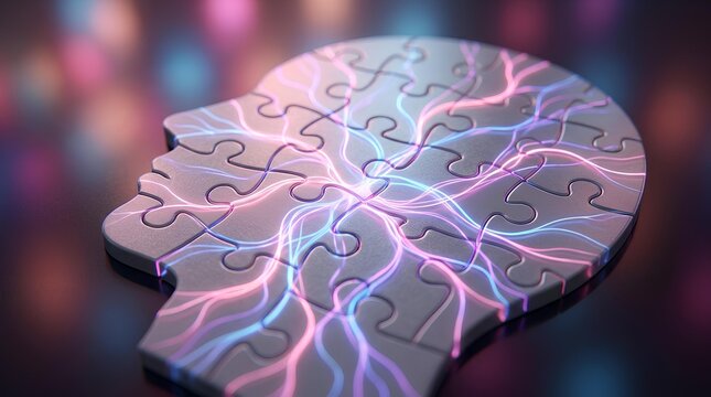 Human head puzzle with glowing neural network.