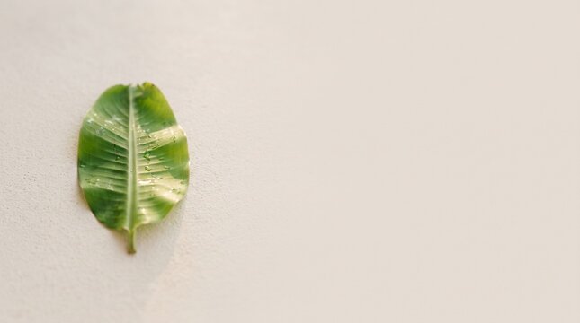A single vibrant green leaf isolated on a soft neutral beige background captured from above with natural lighting for a minimalist and organic aesthetic design