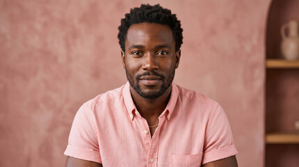 Obraz premium Portrait of a handsome African American man with short hair and beard wearing pink shirt against textured wall background.
