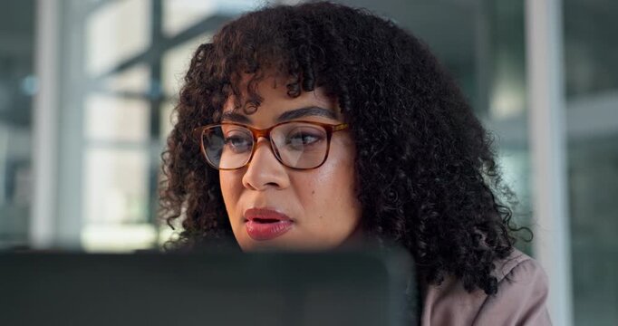 Review, laptop or woman in office with glasses, client proposal or research on funding report. Reading, eyewear or finance advisor with tech, portfolio management or assessment of investment strategy