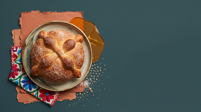 Pan de muerto bread on a plate in a D&iacute;a de los Muertos mixed-media editorial collage with copy space