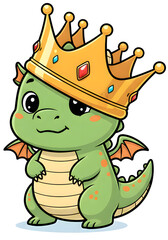 Fototapeta premium Create enchanting children party invitations using a cute green baby dragon wearing a golden king crown sticker on a transparent background, designed in a whimsical cartoon style