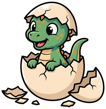 Adorable baby dino hatching from a cracked egg cartoon dinosaur sticker isolated on a transparent background, cute for nursery wall art and kids birthday invitations in a playful style