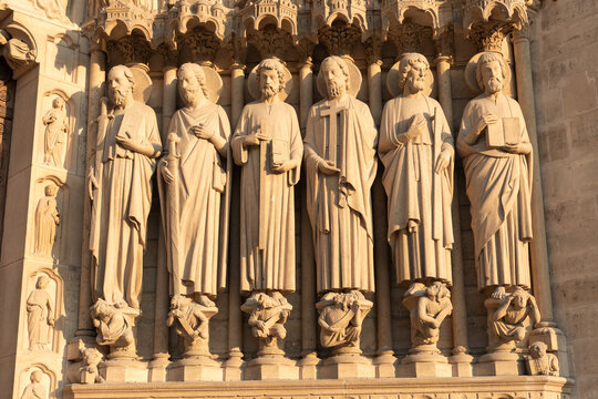 Paris, France: Notre Dame - The Last Judgment Portal, The Apostles in the Jambs on the right: Paul, James the Greater, Thomas, Philip, Jude, and Matthew