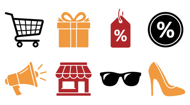 A collection of colorful shopping icons representing black friday sales featuring a cart gift tag discount megaphone store sunglasses and high heel