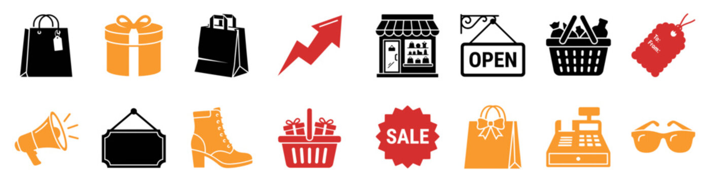 A collection of various shopping icons featuring bags gifts and sale tags representing the annual black friday retail shopping event concept