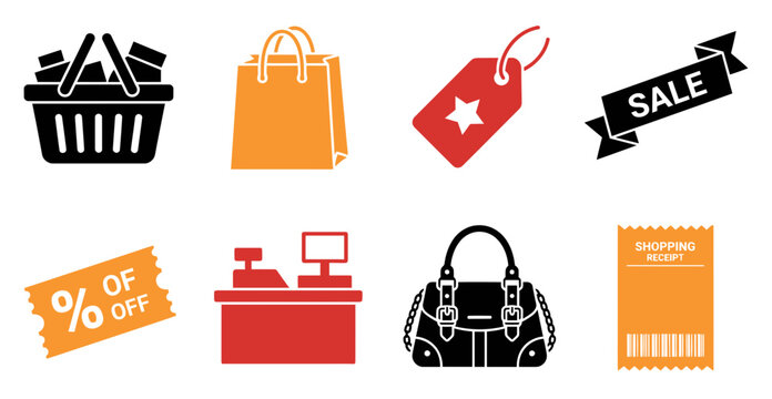 A collection of colorful shopping icons representing black friday retail sales including bags baskets price tags and receipts for marketing designs