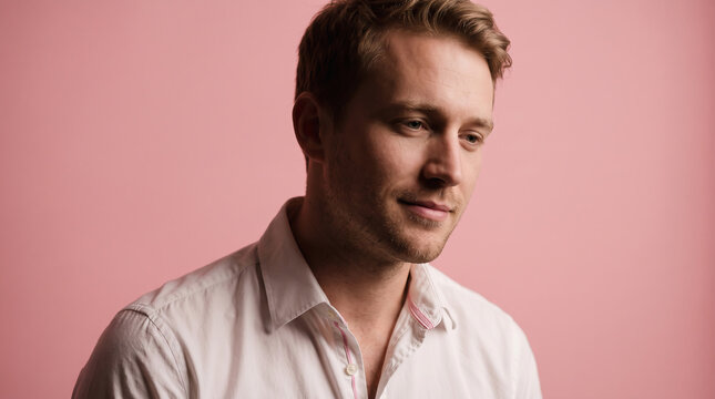 Portrait of a handsome young man with short blond hair wearing an open white shirt against a solid pink background.