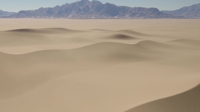 Sand dunes rise and fall in the vast expanse of the desert. The sunlight casts shadows on the warm sand. Mountains are visible in the background against the blue sky.