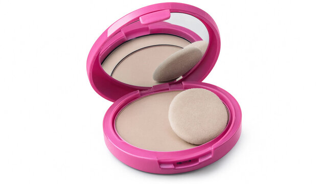 Open pink cosmetic powder compact with mirror and applicator puff