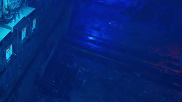 Bright blue and red lights illuminate a dark underground area. Electric meters are mounted on the wall. The ground appears wet and the space seems empty. The atmosphere looks mysterious.