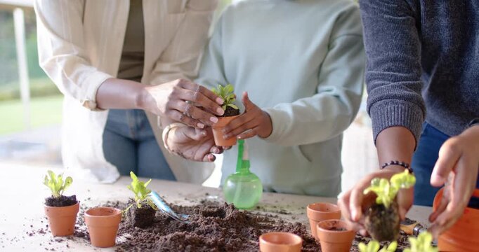 Family couple guiding youth female, reaching for seedlings and potting terracotta pots on patio