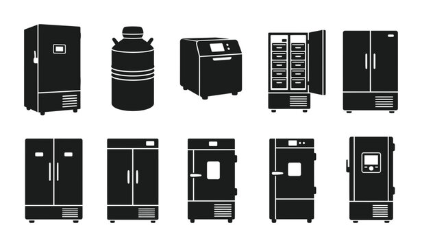 Laboratory Refrigerator And Medical Freezer Set Featuring Cryogenic Storage Tanks And Scientific Cold Chain Equipment Silhouettes