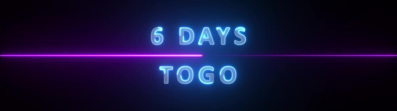 Neon Six Days Countdown Text Glowing Blue and Purple, Representing Time Duration, Deadline, Schedule, Future Event, Planning, Reminder, Time line, and Digital Announcement , 4k animation .
