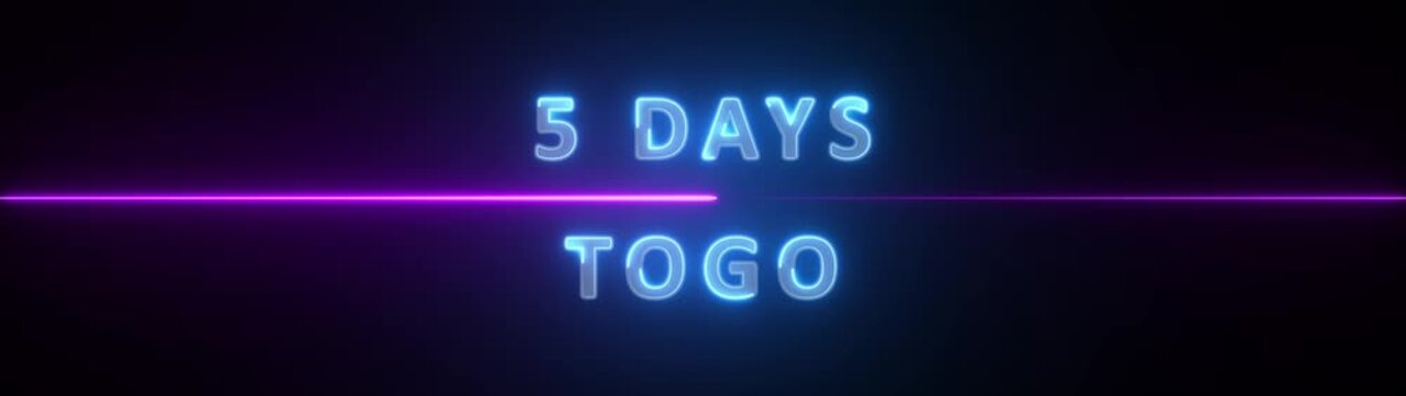 Neon Five Days Countdown Text Glowing Blue and Purple, Representing Time Duration, Deadline, Schedule, Future Event, Planning, Reminder, Time line, and Digital Announcement , 4k animation .