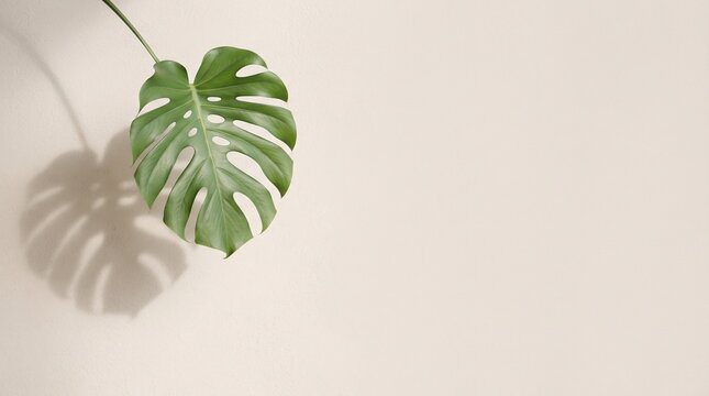 A single fresh green monstera leaf placed on a clean neutral beige background with a soft natural shadow cast beside it for a minimalist aesthetic