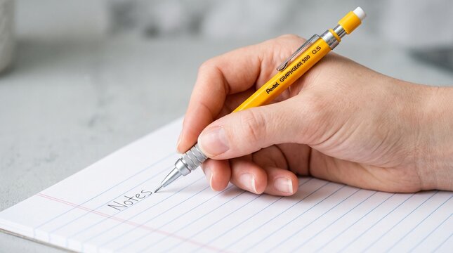 Yellow mechanical pencil held by hand writing notes on lined paper, person journaling on notepad, office stationery on desk
