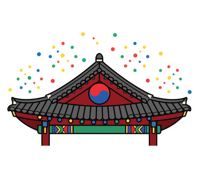 Traditional south korean palace gate building architecture with colorful lantern decorations vector illustration