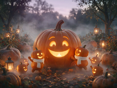Cute baby pumpkin jack-o-lanterns playing with their mother pumpkin