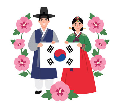 Korean couple in traditional hanbok holding national flag surrounded by pink hibiscus flowers illustration