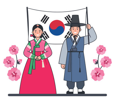 Man and woman in elegant traditional hanbok standing together before south korean national flag