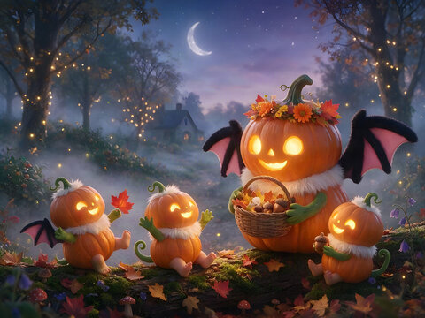 Cute baby pumpkin jack-o-lanterns playing with their mother pumpkin.