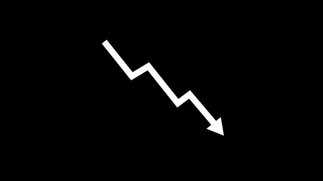 Red downward, decline, loss, decrease trend arrow symbol animated video. Animated falling red arrow representing economic recession on a clean green screen background for compositing use.4k 