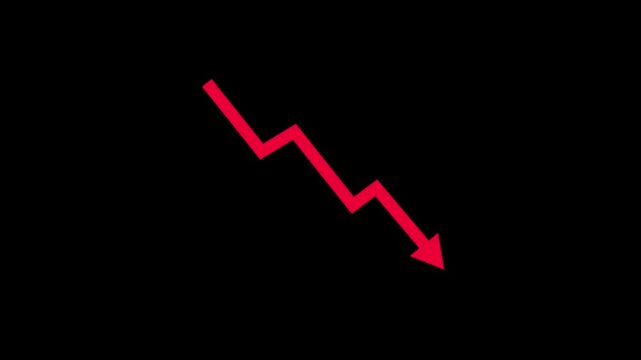 Red downward, decline, loss, decrease trend arrow symbol animated video. Animated falling red arrow representing economic recession on a clean green screen background for compositing use.4k 
