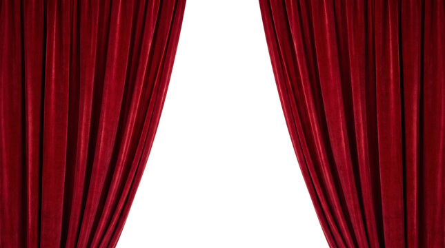 Open Red Velvet Theater Curtains Frame Isolated Element for Stage Show Premiere and Cinema Backdrop Cutout PNG