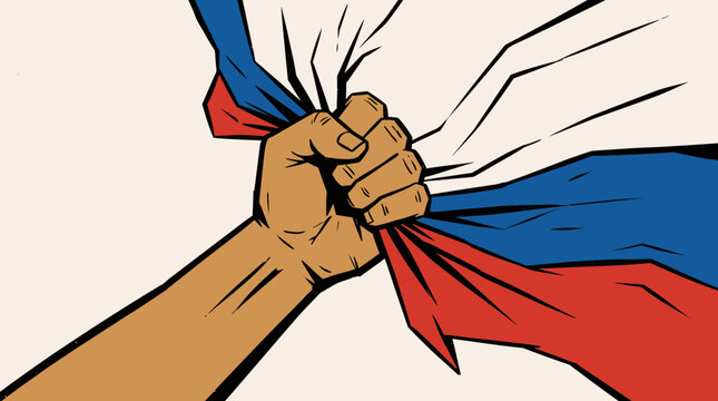 Diagonal composition of a clenched fist gripping the Russian flag firmly.