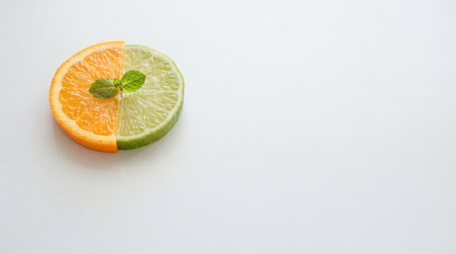 A single sliced citrus fruit composed of one half orange and one half lime with a small green mint leaf garnish on a white background
