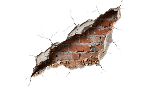 Broken Plaster Wall Hole Revealing Red Brick Masonry, Isolated Transparent PNG Cutout Element for Design and Renovation