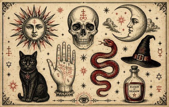 Mystical magic boho elements. Witchcraft astrological set. Esoteric alchemy sketch for tattoo. Palmistry and skull, the hand of a dead man. Drawn Engraved Game Cards and Black Cat.