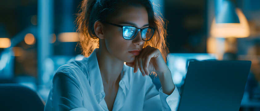 Woman working on laptop in dimly lit office focused and contemplative adult businesswoman computer concentration corporate cubicle darkness deep thinking determination digital dimly lit employee