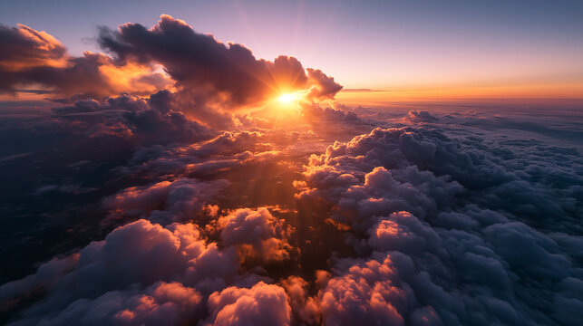 Aerial View of Dramatic Cloudscape with Sunburst at Sunset